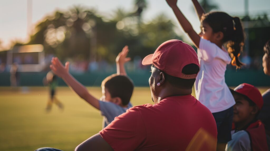 Family together at a baseball field, symbolizing faith, family, and the shared joy of the game.