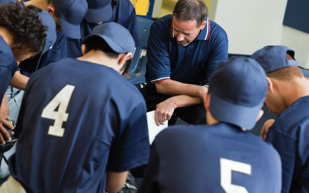 Baseball players gathered together on the field, symbolizing faith, fellowship, and the message that matters more than the score.