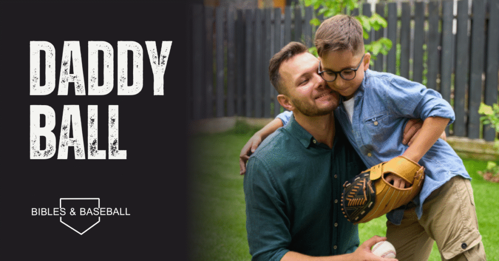 Father playing baseball with his young son, symbolizing love, mentorship, and faith in family through Bibles and Baseball.