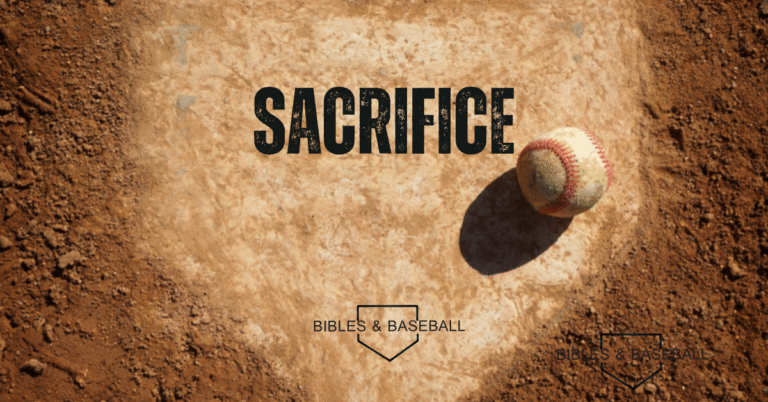 Baseball resting on a dusty home plate with the word “SACRIFICE,” symbolizing selflessness, faith, and commitment to God’s purpose.