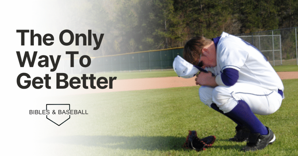 Baseball player kneeling on the field with his hat to his head in prayer, symbolizing humility, growth, and faith in God.