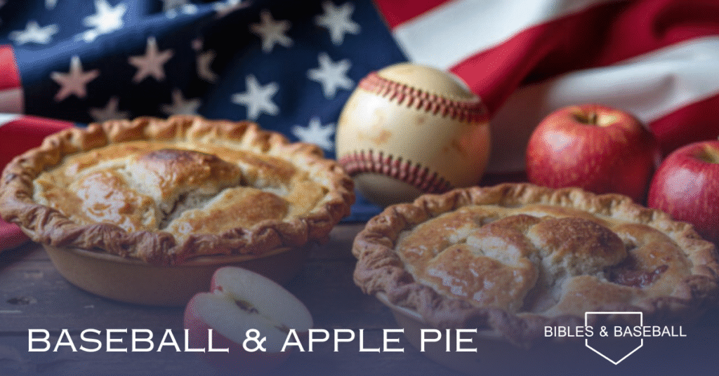 Baseball with apples and apple pies against an American flag background, symbolizing tradition, gratitude, and faith in God’s blessings.