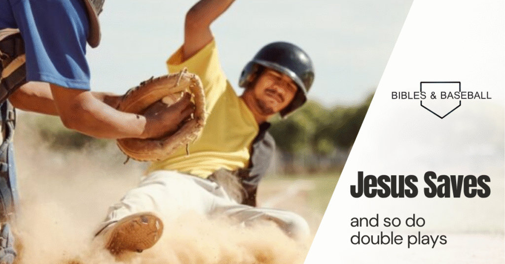 Baseball player sliding safely into home plate as the catcher holds the ball, symbolizing salvation, victory, and God’s saving grace.
