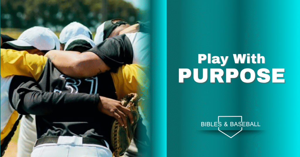 Baseball team huddled with arms over shoulders, symbolizing unity, teamwork, and playing with purpose through faith.