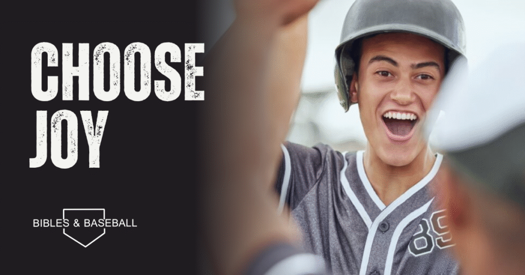 Smiling baseball player running toward teammates for a high-five, symbolizing joy, gratitude, and faith in every moment.