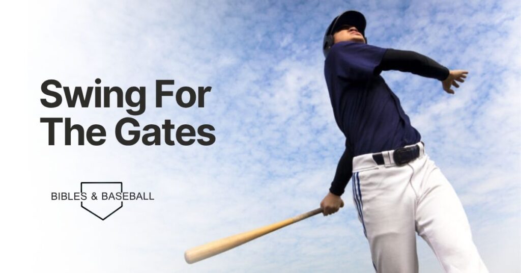 Baseball player finishing a swing and looking into the distance, symbolizing faith, vision, and trusting God with the outcome.