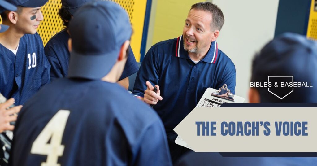 Baseball coach talking to his team, symbolizing leadership, listening, and learning to follow God’s voice.