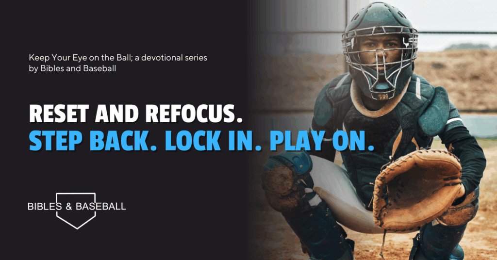 gh school baseball catcher in full gear, focused and ready behind home plate, symbolizing a moment to reset and refocus.