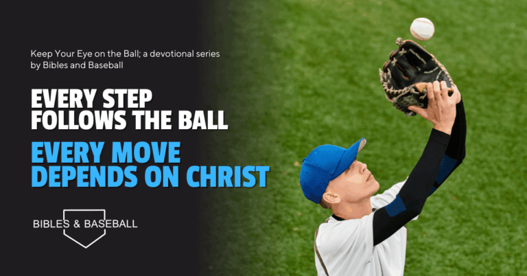 Youth baseball player tracking a fly ball in his glove, symbolizing focus and faith in Christ from the Bibles and Baseball devotional series.