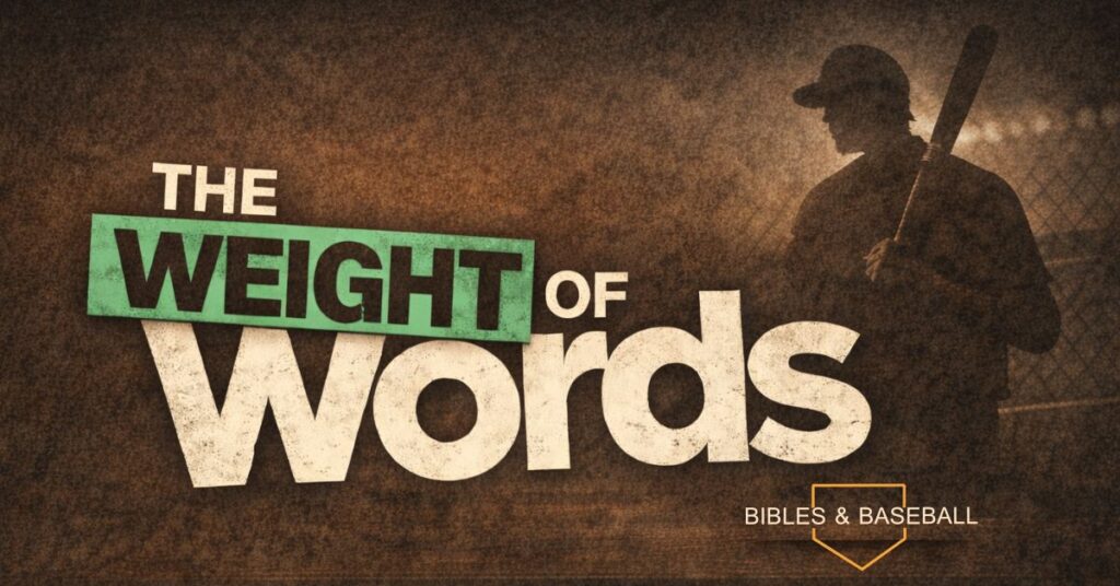 Baseball-themed graphic with the words “The Weight of Words” over a moody dugout scene and a silhouetted player holding a bat