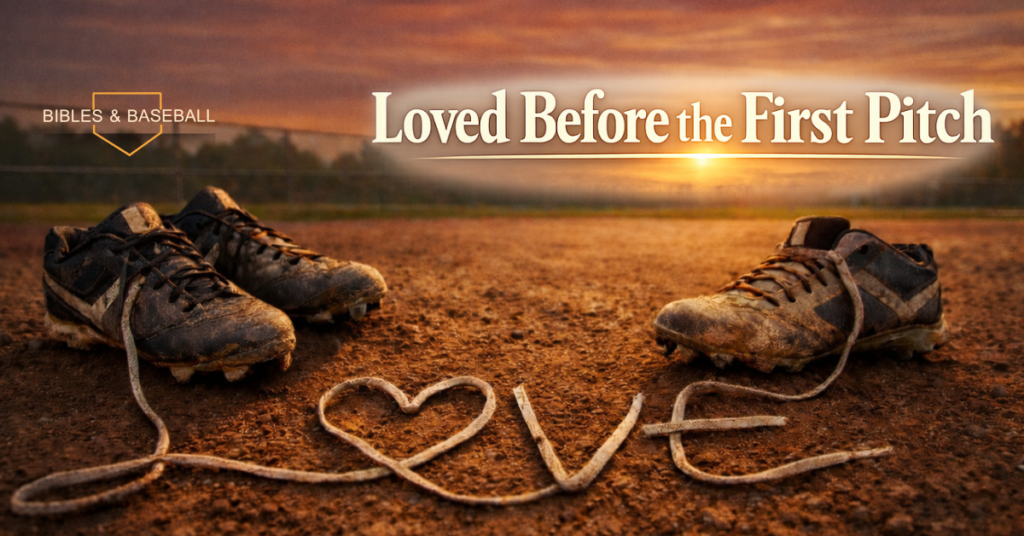 Worn baseball cleats on infield dirt at sunset with laces forming the word love and the headline “Loved Before the First Pitch” for a Christian baseball devotion.