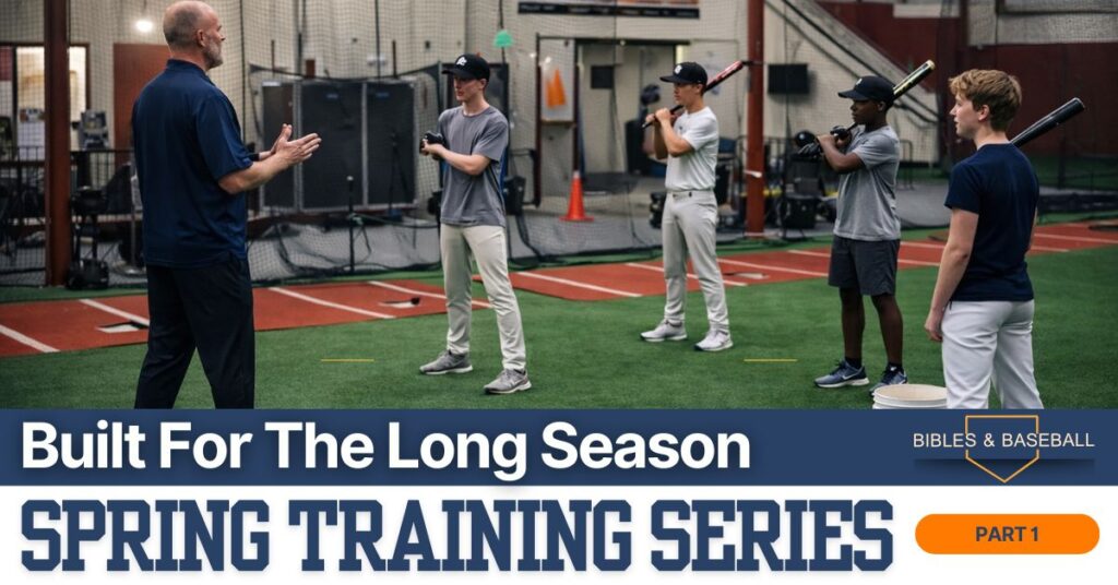 Coach teaching young baseball players hitting fundamentals during indoor batting cage practice for the Bibles & Baseball Spring Training devotional series.