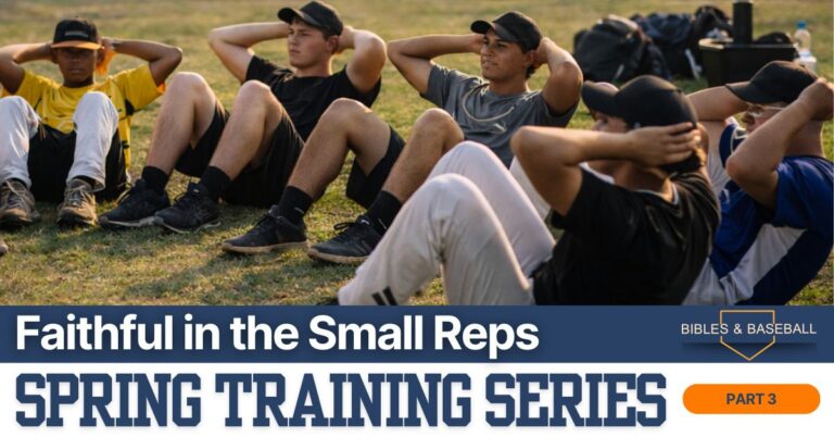 A group of teenage baseball players in practice gear perform sit-ups in a circle on a grassy field while their coach stands in front of them during a structured training session