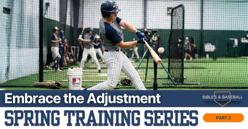 Teen baseball player hitting off a tee during indoor batting practice while teammates train in the background, illustrating the theme “Embrace the Adjustment” from the Bibles & Baseball Spring Training Series Part 2 devotion.