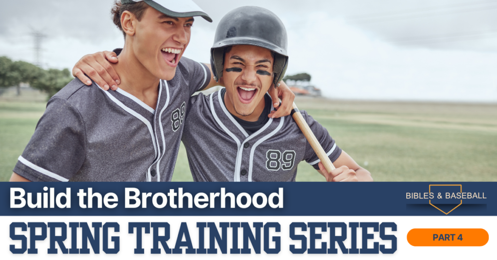 Teen baseball teammates celebrating together with arms around each other during spring training, representing unity and brotherhood in team culture