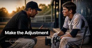 Baseball player listens to coach in dugout, symbolizing repentance, correction, and spiritual growth.