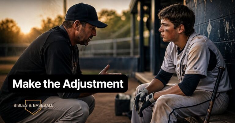Baseball player listens to coach in dugout, symbolizing repentance, correction, and spiritual growth.