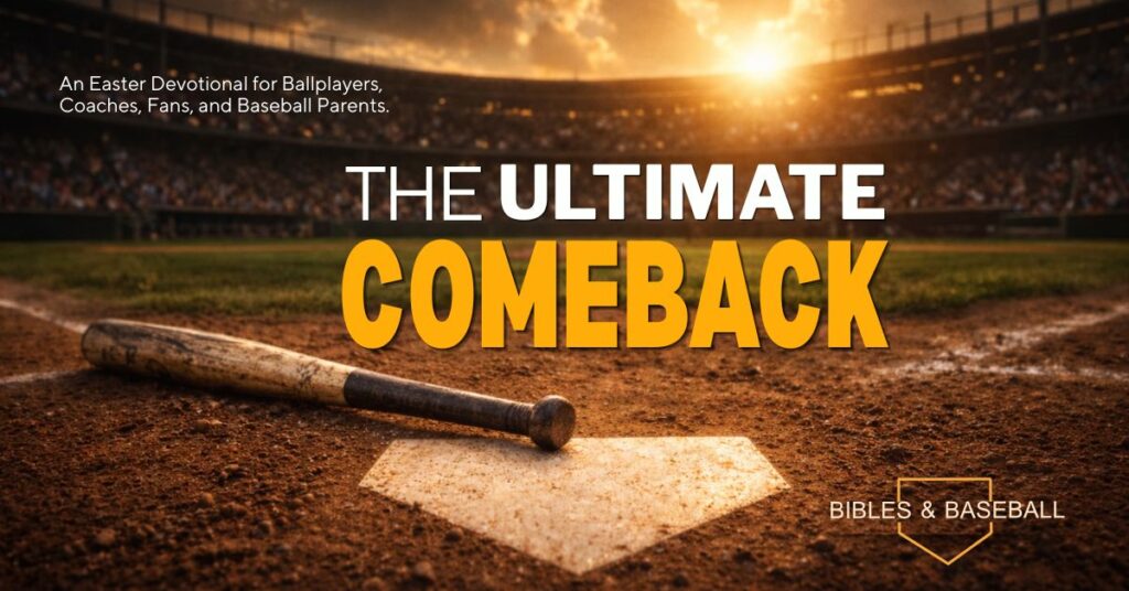 Baseball bat lying by home plate on a dirt field at sunset with stadium lights, representing the ultimate comeback and Easter devotion