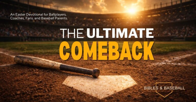 Baseball bat lying by home plate on a dirt field at sunset with stadium lights, representing the ultimate comeback and Easter devotion