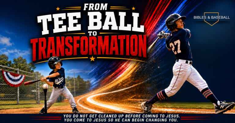 Youth baseball-themed Christian graphic showing a young tee-ball player and an older baseball player under stadium lights with the headline “From Tee Ball to Transformation.” The graphic features a faith-based message about spiritual growth through Jesus Christ and personal transformation over time.
