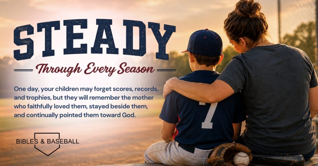 A mother sits beside her son in a baseball uniform on bleachers at sunset, arm around him as they overlook a baseball field. The image includes the devotional title “Steady Through Every Season” and a message about faithful motherhood and pointing children toward God.