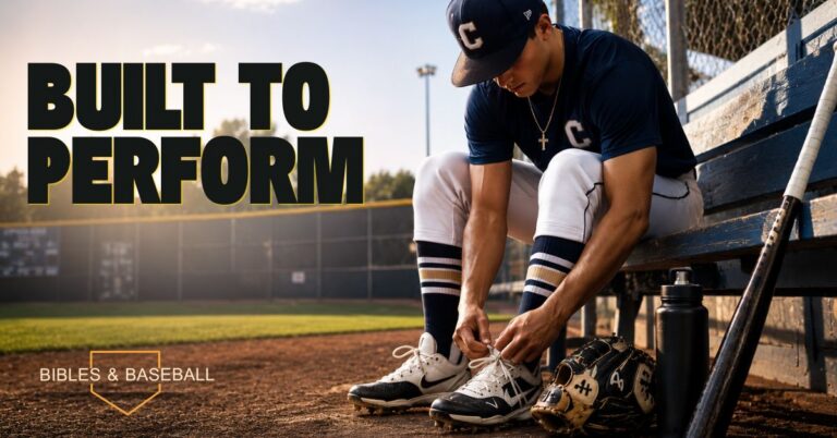 High school baseball player sits on a dugout bench at sunset tying his cleats before a game. His glove, bat, and water bottle rest beside him as he prepares on the field, symbolizing discipline, preparation, and stewardship.