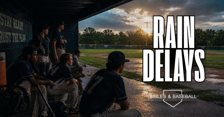 Youth baseball team waits in the dugout after a rain delay as storm clouds clear and sunlight returns, illustrating faith and trusting God's timing.