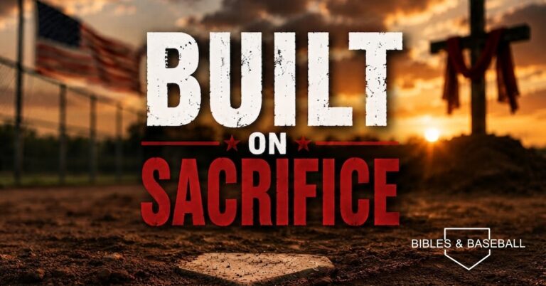 baseball field at sunset with an American flag and cross, illustrating the Christian devotion "Built on Sacrifice."