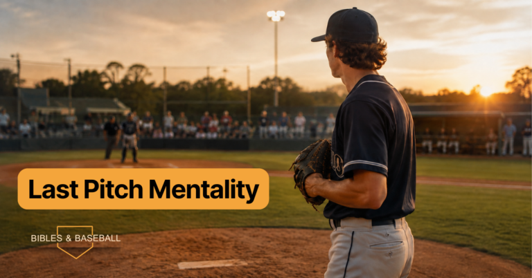 High school pitcher resets on the mound as the catcher stands at home plate during a sunset baseball game.